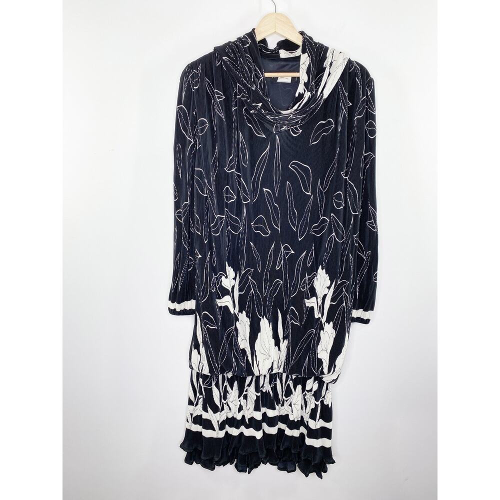 Virginie Paris‎ Vintage Black White Printed Pleated Dress Women's Size 14-16